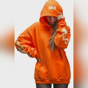 Kylie Jenner Neon Orange Hoodie w/Bright White Flame Sleeves and "Kylie" On Hood